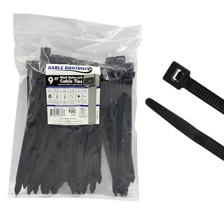 Kable Kontrol Cable Tie, 9 in L, 2.30 in Max Bundle Dia., Black, Nylon 6/6, 250 lb Strength, 100 PK CT102